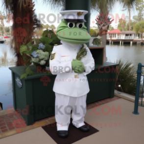 Olive Marine Recon mascot costume character dressed with a Wedding Dress and Shoe clips