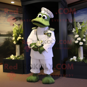 Olive Marine Recon mascot costume character dressed with a Wedding Dress and Shoe clips