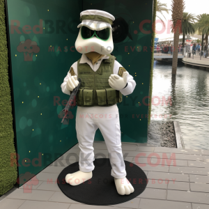 Olive Marine Recon mascot costume character dressed with a Wedding Dress and Shoe clips