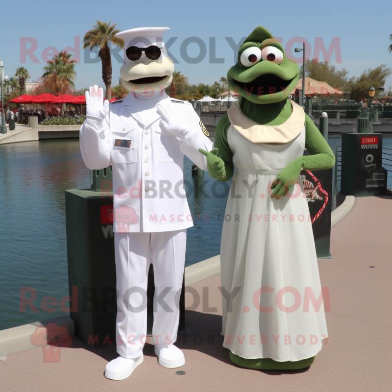 Olive Marine Recon mascot costume character dressed with a Wedding Dress and Shoe clips