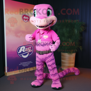 Pink Python mascot costume character dressed with a Polo Tee and Ties