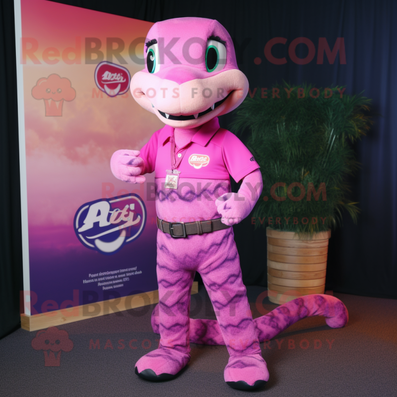 Pink Python mascot costume character dressed with a Polo Tee and Ties Pink Python mascot costume character dressed with a Polo Tee and Ties
