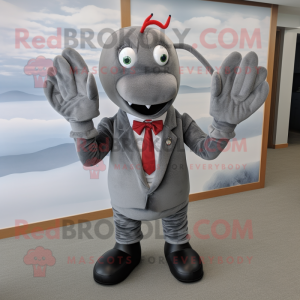 Gray Lobster mascot costume character dressed with a Suit Pants and Tie pins