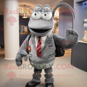 Gray Lobster mascot costume character dressed with a Suit Pants and Tie pins