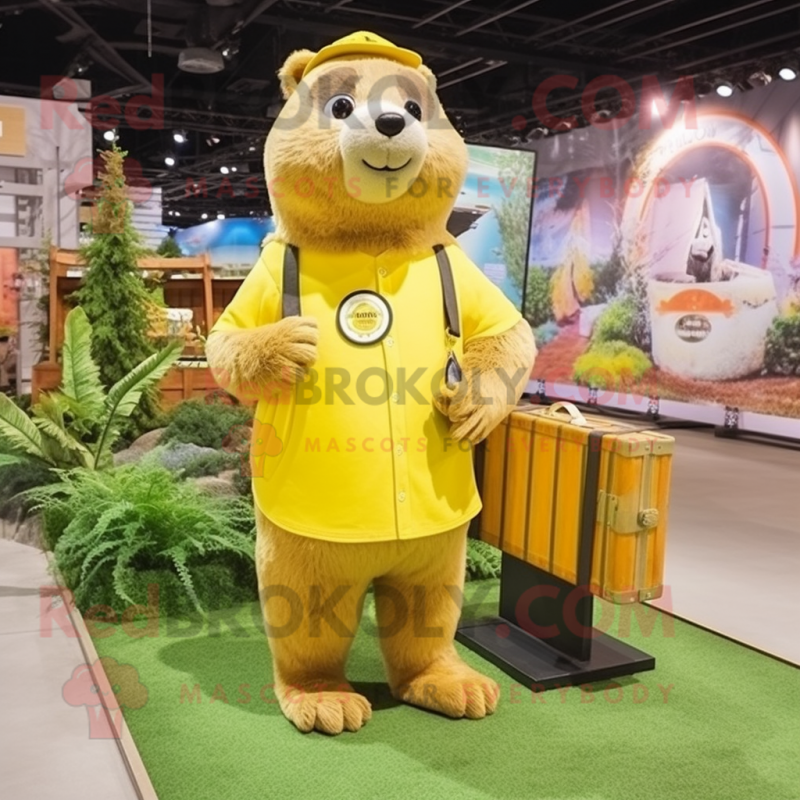 Lemon Yellow Beaver mascot costume character dressed with a Cargo Shorts and Coin purses