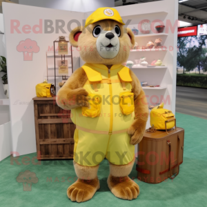Lemon Yellow Beaver mascot costume character dressed with a Cargo Shorts and Coin purses