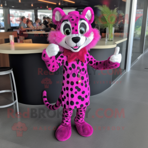 Magenta Cheetah mascot costume character dressed with a Cocktail Dress and Shoe laces