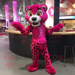 Magenta Cheetah mascot costume character dressed with a Cocktail Dress and Shoe laces