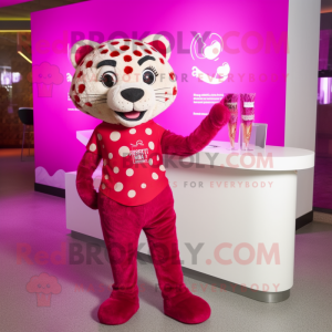 Magenta Cheetah mascot costume character dressed with a Cocktail Dress and Shoe laces
