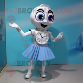 Silver Wrist Watch mascot costume character dressed with a Mini Skirt and Shoe clips