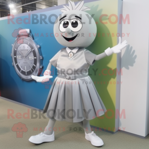 Silver Wrist Watch mascot costume character dressed with a Mini Skirt and Shoe clips