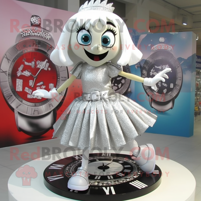 Silver Wrist Watch mascot costume character dressed with a Mini Skirt and Shoe clips Silver Wrist Watch mascot costume character dressed with a Mini Skirt and Shoe clips