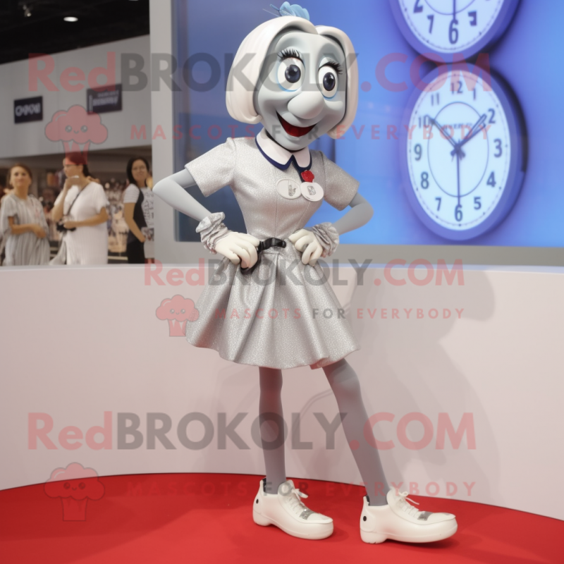 Silver Wrist Watch mascot costume character dressed with a Mini Skirt and Shoe clips Silver Wrist Watch mascot costume character dressed with a Mini Skirt and Shoe clips