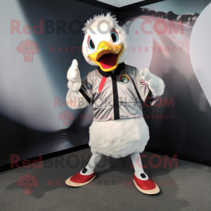 Silver Muscovy Duck mascot costume character dressed with a V-Neck Tee and Foot pads