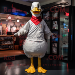Silver Muscovy Duck mascot costume character dressed with a V-Neck Tee and Foot pads