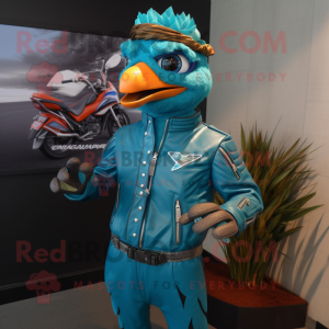 Turquoise Pheasant mascot costume character dressed with a Moto Jacket and Rings