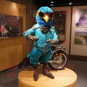 Turquoise Pheasant mascot costume character dressed with a Moto Jacket and Rings