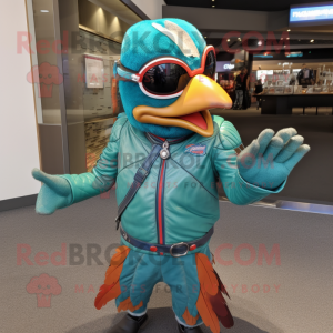 Turquoise Pheasant mascot costume character dressed with a Moto Jacket and Rings