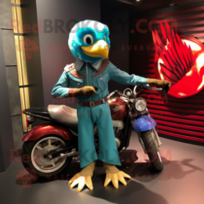 Turquoise Pheasant mascot costume character dressed with a Moto Jacket and Rings