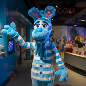 Blue Giraffe mascot costume character dressed with a Sweater and Gloves