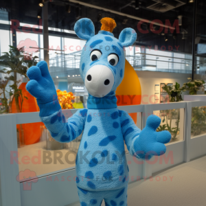 Blue Giraffe mascot costume character dressed with a Sweater and Gloves