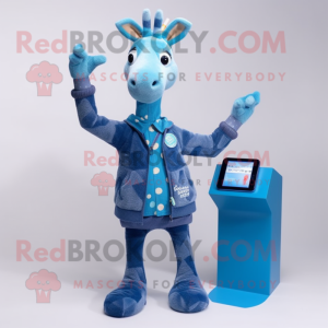 Blue Giraffe mascot costume character dressed with a Sweater and Gloves