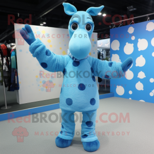 Blue Giraffe mascot costume character dressed with a Sweater and Gloves
