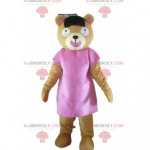 Mascote de ursinho de pelúcia rosa, fantasia de urso marrom -