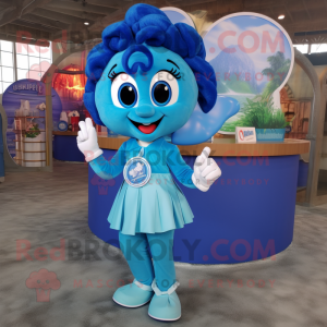 Blue Mermaid mascot costume character dressed with a Button-Up Shirt and Rings