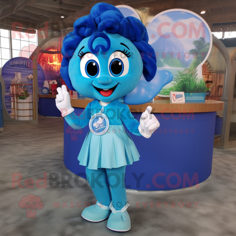 Blue Mermaid mascot costume character dressed with a Button-Up Shirt and Rings Blue Mermaid mascot costume character dressed with a Button-Up Shirt and Rings