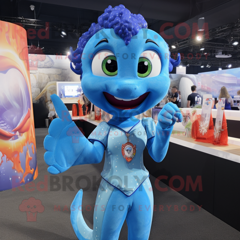 Blue Mermaid mascot costume character dressed with a Button-Up Shirt and Rings Blue Mermaid mascot costume character dressed with a Button-Up Shirt and Rings