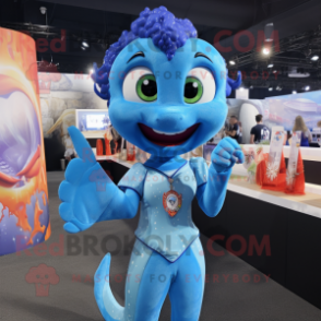 Blue Mermaid mascot costume character dressed with a Button-Up Shirt and Rings