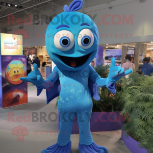 Blue Mermaid mascot costume character dressed with a Button-Up Shirt and Rings