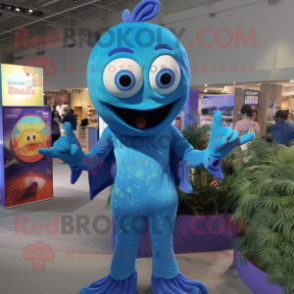 Blue Mermaid mascot costume character dressed with a Button-Up Shirt and Rings