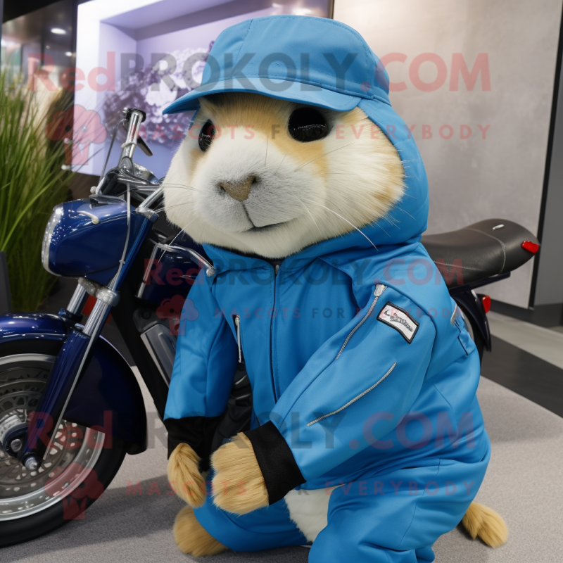 Blue Guinea Pig mascot costume character dressed with a Moto Jacket and Caps