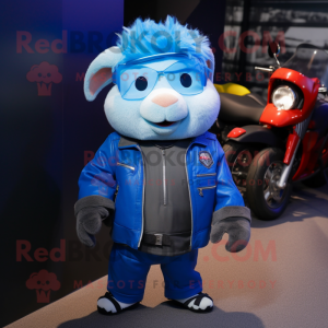 Blue Guinea Pig mascot costume character dressed with a Moto Jacket and Caps