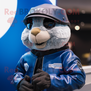 Blue Guinea Pig mascot costume character dressed with a Moto Jacket and Caps