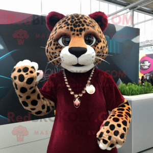 Maroon Jaguar mascot costume character dressed with a Blouse and Bracelets