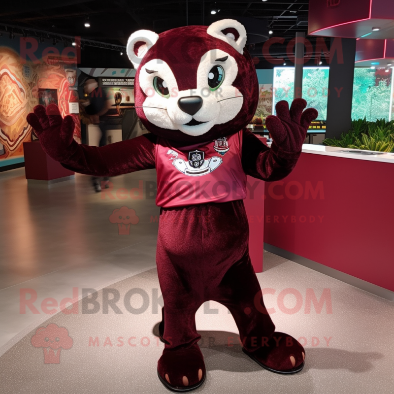 Maroon Jaguar mascot costume character dressed with a Blouse and Bracelets Maroon Jaguar mascot costume character dressed with a Blouse and Bracelets