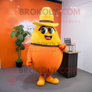 Orange Potato mascot costume character dressed with a Pencil Skirt and Hats