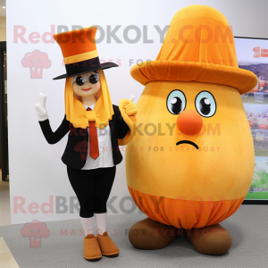 Orange Potato mascot costume character dressed with a Pencil Skirt and Hats