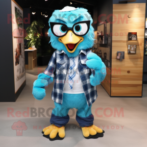 Cyan Eagle mascot costume character dressed with a Flannel Shirt and Eyeglasses