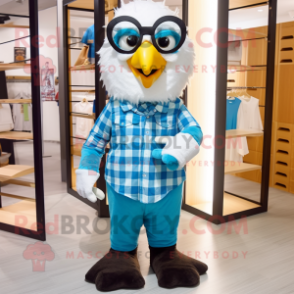 Cyan Eagle mascot costume character dressed with a Flannel Shirt and Eyeglasses