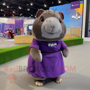 Purple Guinea Pig mascot costume character dressed with a Wrap Dress and Suspenders