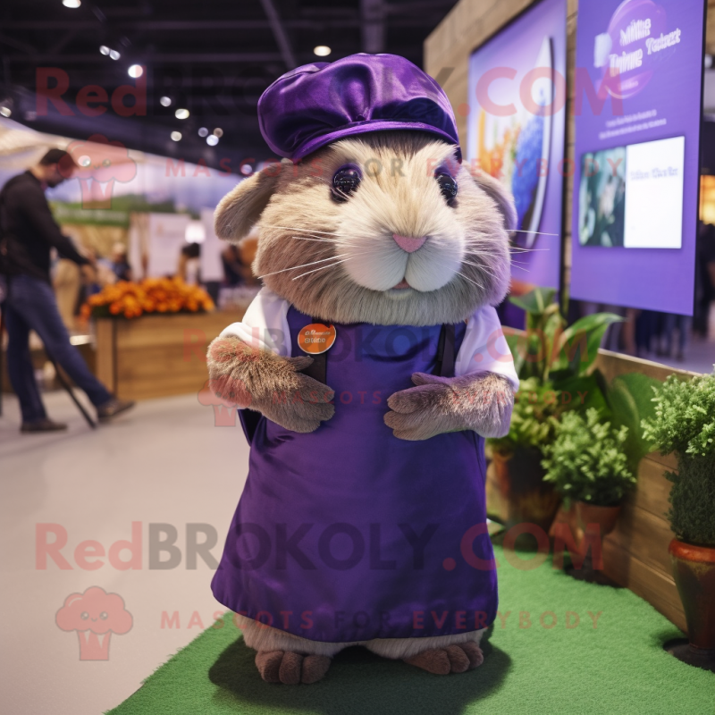 Purple Guinea Pig mascot costume character dressed with a Wrap Dress and Suspenders