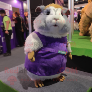 Purple Guinea Pig mascot costume character dressed with a Wrap Dress and Suspenders