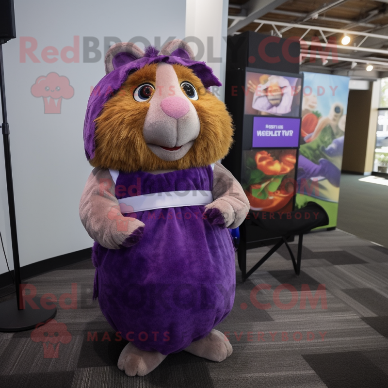 Purple Guinea Pig mascot costume character dressed with a Wrap Dress and Suspenders