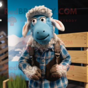 Sky Blue Merino Sheep mascot costume character dressed with a Flannel Shirt and Necklaces