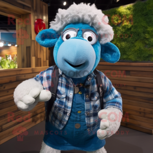Sky Blue Merino Sheep mascot costume character dressed with a Flannel Shirt and Necklaces