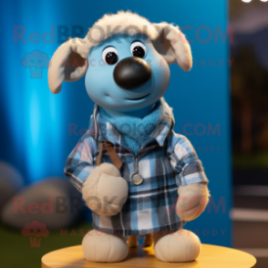 Sky Blue Merino Sheep mascot costume character dressed with a Flannel Shirt and Necklaces